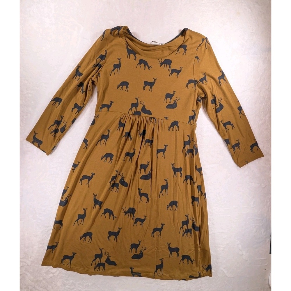 Boden Women's 10 Deer Print Dress Mustard Brown Navy Long Sleeve Fit & Flare - Picture 2 of 12